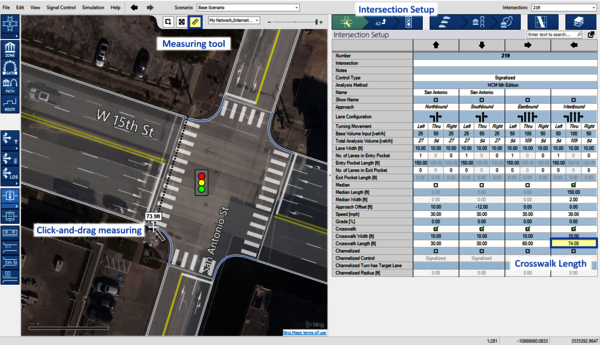 PTV Vistro's measuring tool can be used measure crosswalk lengths from Bing maps. 